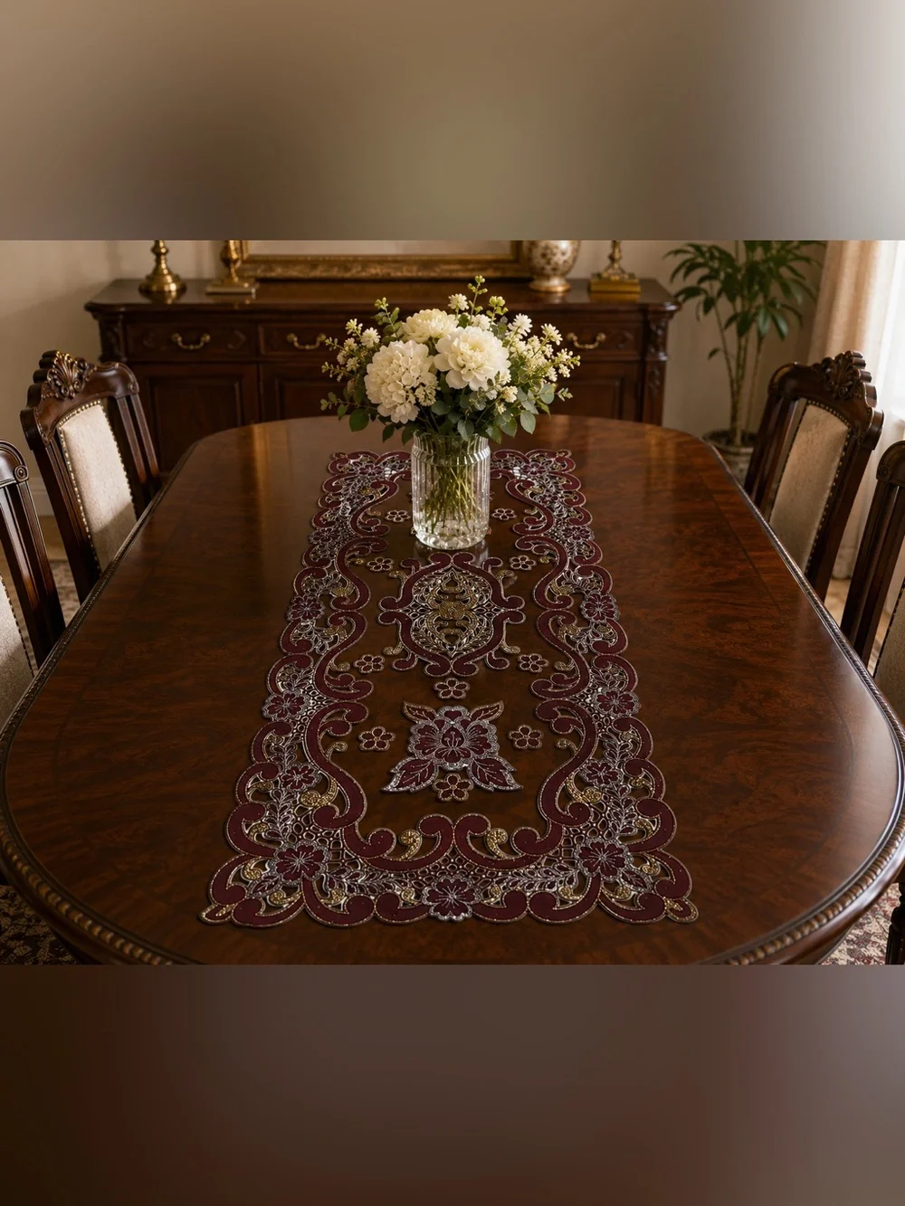 Elegant Burgundy Embroidered Table Runner